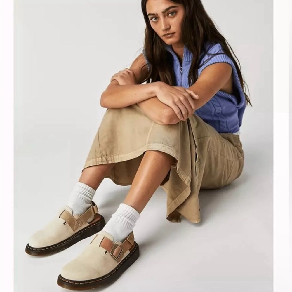 Dr. Martens Beige Tan Suede Mary Jane Clogs